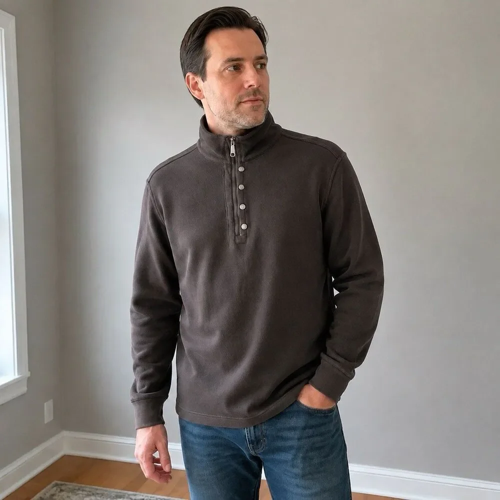 Banana Republic Men XL Brown Quarter Zip Snap Mock Neck Pullover Sweatshirt